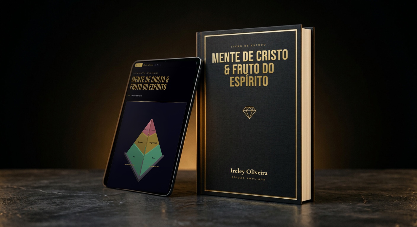 Livro Mente de Cristo & Fruto do Espírito, de Ircley Oliveira, ao lado de um tablet com o livro interativo